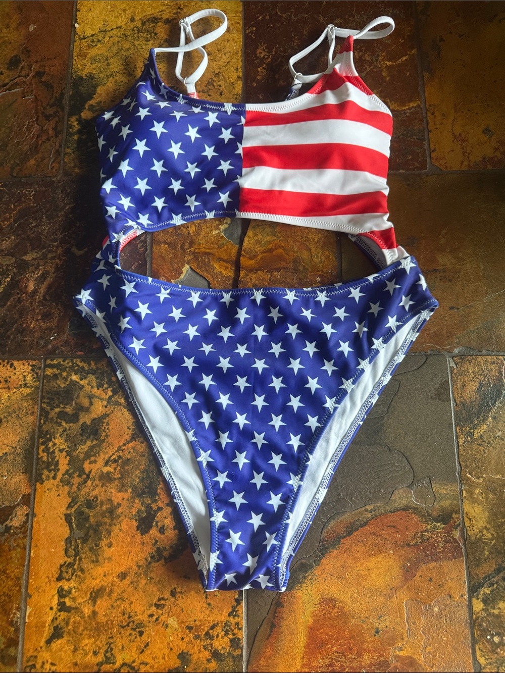 American Flag Cutout One-Piece Swimsuit - Red, White & Blue (630)